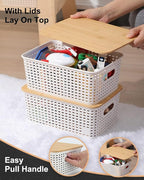 6 Pack Storage Bins with Bamboo Lids,Plastic Storage Baskets and Storage Containers, Storage Baskets for Organizing Shelves Drawers Desktop Closet Playroom Classroom Office Home