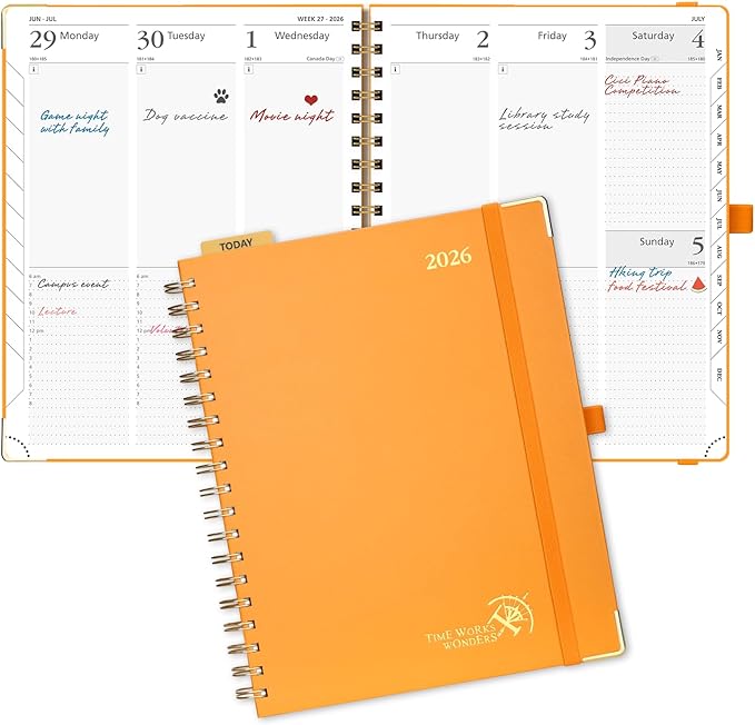 POPRUN 2026 Planner Daily Weekly and Monthly Calendar with Hourly Schedule, Monthly Tabs(Large Size 10'' x 8'' Wire-Bound Hard Cover) - Agenda 2026 (Jan.2026-Dec.2026) - Orange