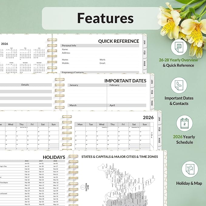 SUNEE 2026 Planner, Weekly and Monthly Calendar Planner, January 2026-December 2026, Daily Agenda with Tabs, Note Pages, Spiral Binding, 6.4"x8.3", Flora