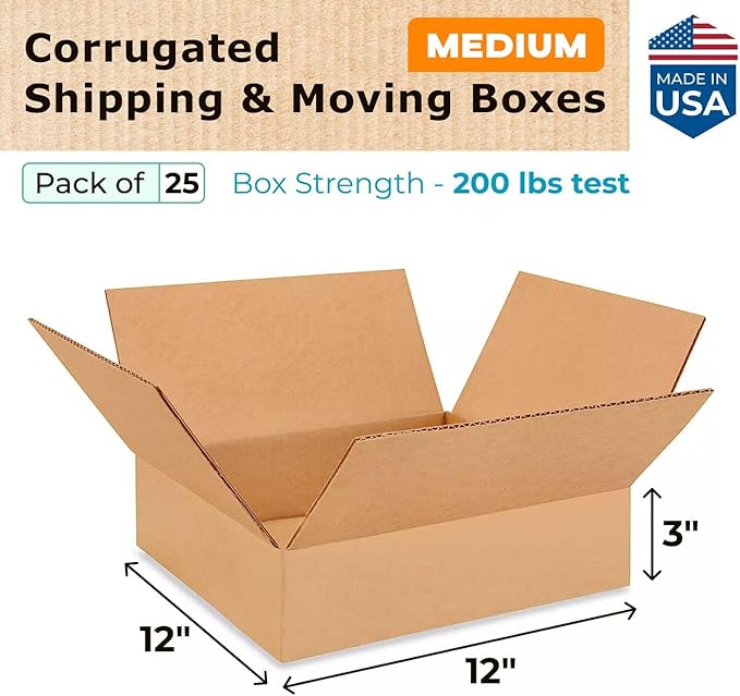 Medium Moving & Shipping Boxes 12"L x 12"W x 3"H (25-Pack) - Extra Strength 200 lb vs Regular - Corrugated Boxes for Shipping - Packing Box for Moving Medium - Box to Pack by IDL Packaging