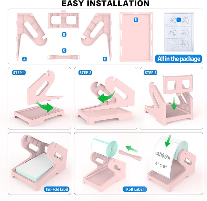 Vazioyar Thermal Label Holder for Rolls and Fan-Fold Labels, Sticker Roll Holder Work with Desktop Label Printer, Label Stand Shipping Supplies for Home Office(Pink)