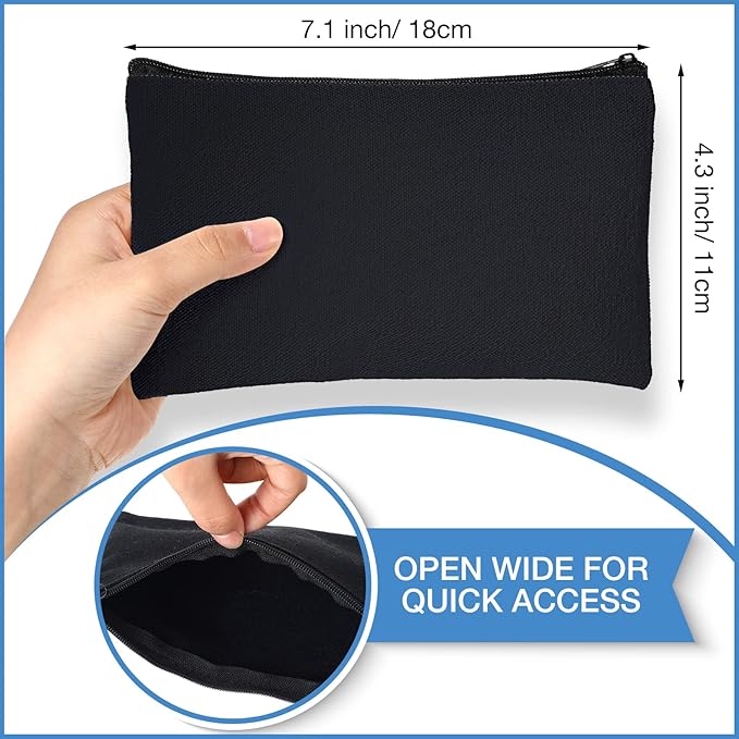 Reginary 80 Pack Canvas Zipper Makeup Bags Bulk Pencil Pouches Blank DIY Craft Canvas Cosmetic Bag Pouch with Zipper for Makeup Cosmetic Toiletry Stationary Storage(All Black)