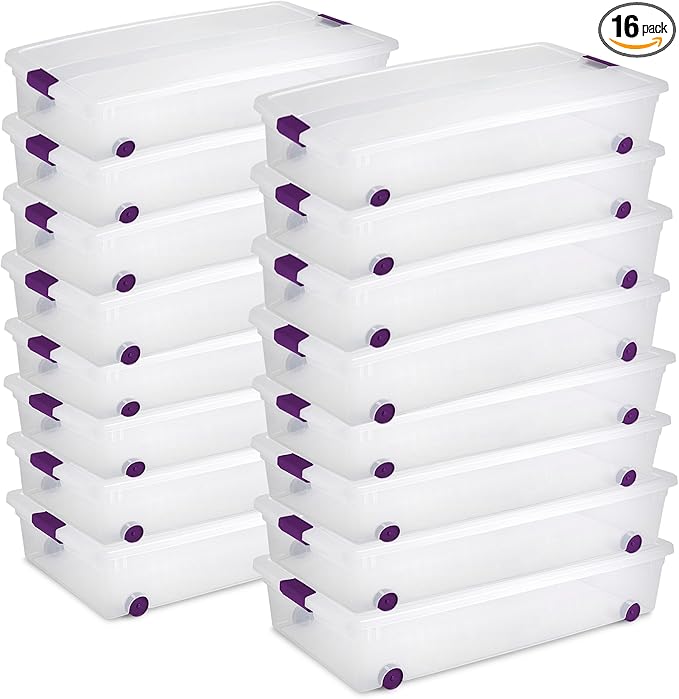 Sterilite 16-Pack 60 Quart ClearView Latch Box, Wheeled Underbed Organizer Bins with Latching Lids - Clear Plastic Organization Containers for Closet, Bedroom, Shelving Units and Everyday Home Storage