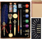 Junhartt Quill Feather Pen and Ink Set, Calligraphy Pen Glass Dip Pen and Wax Seal Stamp Kit (Navy Blue)