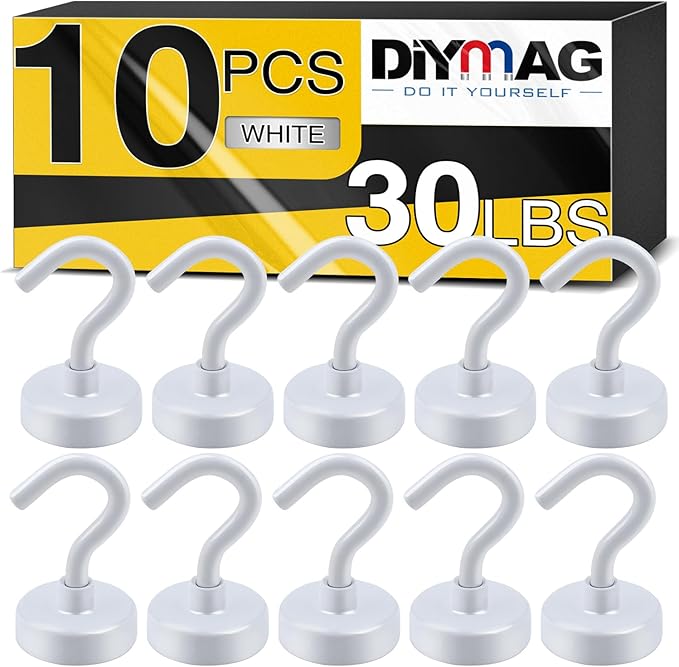 DIYMAG Magnetic Hooks, 30Lbs Strong Heavy Duty Cruise Magnet S-Hook for Classroom, Fridge, Hanging, Cabins, Grill, Kitchen, Garage, Workplace and Office Etc, (10 Pack-White)