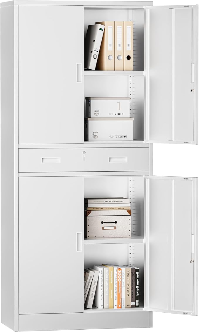 TaskStorz Metal Storage with 1 Drawer, 71" Cabinet with 4 Locking Doors and 2 Adjustable Shelves, Steel Storage File Cabinet for Pantry, Kitchen, Office, Garage (White)