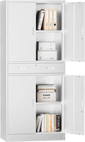 TaskStorz Metal Storage with 1 Drawer, 71" Cabinet with 4 Locking Doors and 2 Adjustable Shelves, Steel Storage File Cabinet for Pantry, Kitchen, Office, Garage (White)