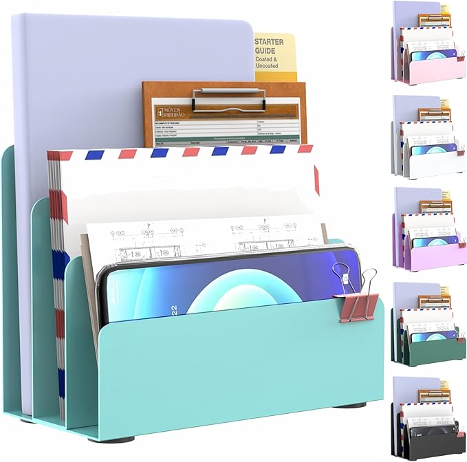 OUTIOE Mail Organizer Countertop, Small Desk File Organizer, Metal File Holder - Essential Workspace Organizers for Office Desk, Home Office (Blue)