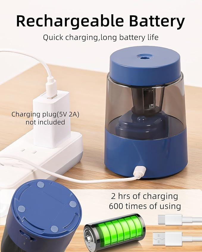 ZMOL Electric Rechargeable Pencil Sharpener, Automatic Pencil Sharpeners Kids, Battery Pencil Sharpeners for Colored Pencils, Auto Stop, Suitable for No.2(6-8mm), Classroom/Home Blue