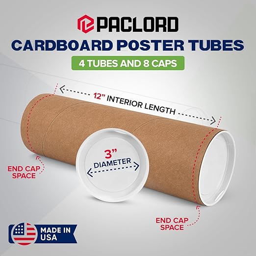 3" x 12" Reinforced Kraft Paper Mailing Tubes, Pack of 4 Tubes with 2 Caps Each – USPS Approved Poster Tube – Made in USA Cardboard Tube for Shipping and Storing Posters, Prints, Artwork, or Documents