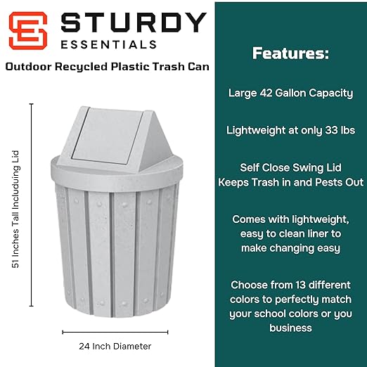 Sturdy Essentials 42 Gallon Round Slatted 100% Recycled Plastic Indoor or Outdoor Commercial Trash Can with Easy Access Swing Top Lid | Great for Schools and Businesses - Light Granite