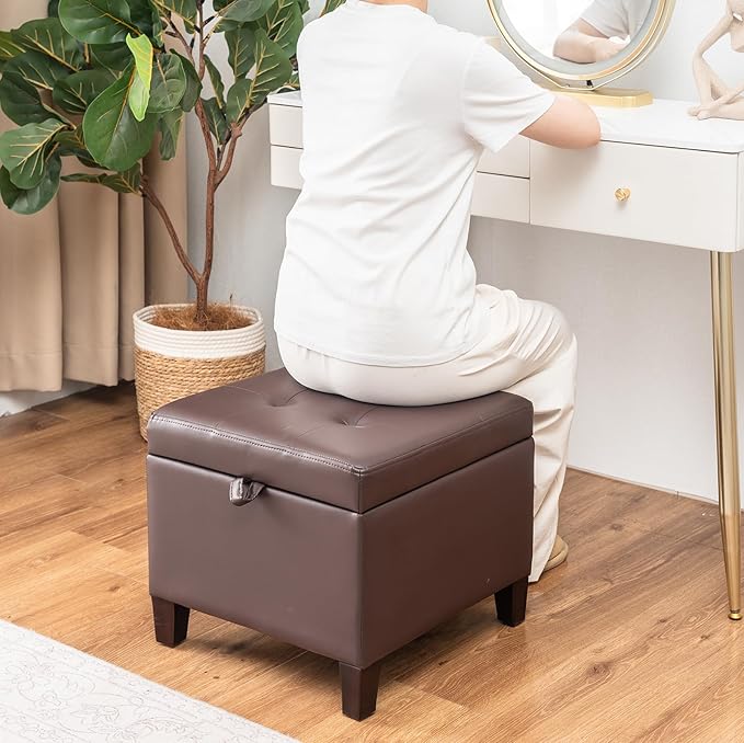 Asense 17 Inch Storage Ottoman Foot Rest,Square Faux Leather Foot Stool,Small Ottoman with Storage,Padded Seat for Entryway,Living Room,Bedroom,Couch,Under Desk,Brown