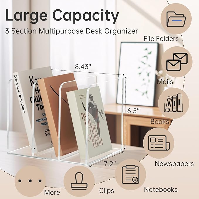 POCFOINY Acrylic Desk Organizer Book Organizer, Magazine File Holder, Vertical File Organizer Stand File Folder Holder, Mail Organizer Countertop Mail Sorter File Sorter, Clear Book Ends Book Holder