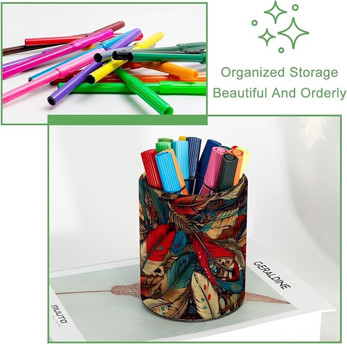 Leather Pen Holder for Desk, Colorful feathers Pencil Cup Desktop Organizer Makeup Brush Holders Office Supplies for Home, Kids & School