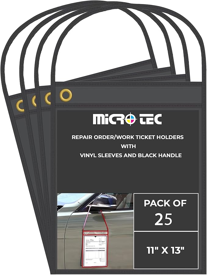 MICRO TEC Repair Order/Work Ticket Holders – Heavy-Duty Vinyl Sleeves with Black Handle – 11" x 13" for Automotive Repair Orders, Job Tickets, Documents – Pack of 25 – Solid Black