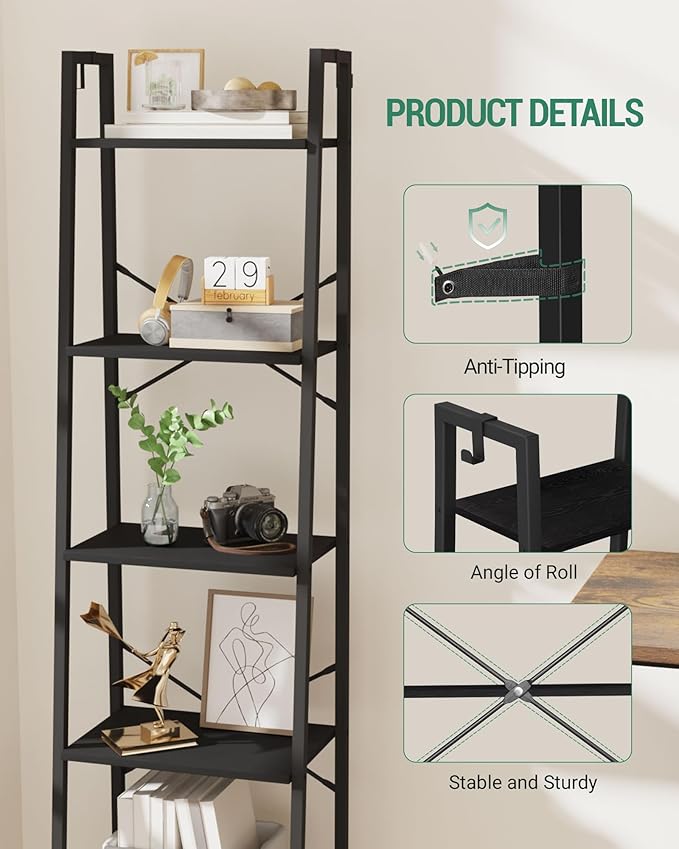 Hzuaneri Ladder Shelf, Bookshelf Bookcase, Freestanding Corner Storage Shelve with 2 Hooks for Home Office, Living Room, Kitchen, Bedroom, Industrial, 11.8" D x 17.3" W x 63" H, Black BC19204B