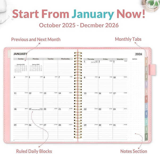 SUNEE 2026 Weekly & Monthly Planner 9"x11.2"- 12 Month (January 2026 - December 2026), Vegan Leather Cover, Pocket, Bookmark, Notes, Monthly Tab, Peach Pink