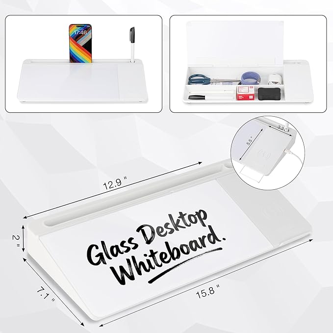 Glass Desktop Whiteboard with Wireless Charger & Storage, Desk Dry Erase Note Memo Board, Compact Desk Organizer for Desk, Office, School Supplies, White, 2026