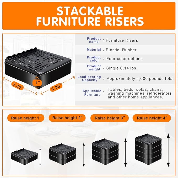 shouwuhho Furniture Risers, 16 Pack Bed Risers with Non-Slip Grip and Heavy Duty Support, 1 Inch 2 Inch 3 Inch 4 Inch Height Lift for Couch, Sofa, Table, Desk, Chair, Refrigerator - Black, 1 Inch