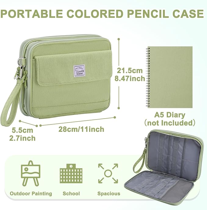 VASCHY Colored Pencil Case, Corduroy Large Pencil Pouch for Art Pens Markers Gel Pens Big Holder Organizer Fits 192 Pencils for Girls Women Light Green