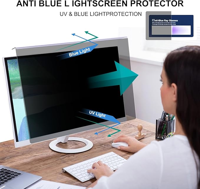 Pozlle 32 Inch Hanging Computer Privacy Screen Protector Shield Compatible for 16:9 Widescreen Desktop Monitor - Anti-UV & Blue Light Filter - Hanging Design for Easy On/Off