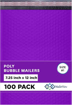 Purple Poly Bubble Mailers 7.25x12 inch #1 | Self Seal Padded Envelopes | Cushioned Bubble Mailer | Usable Size 7.25x11 | WaterProof | Lightweight mailing Shipping Bags | 100 Pack Bulk