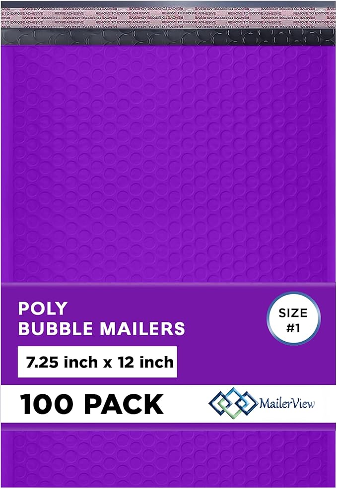 Purple Poly Bubble Mailers 7.25x12 inch #1 | Self Seal Padded Envelopes | Cushioned Bubble Mailer | Usable Size 7.25x11 | WaterProof | Lightweight mailing Shipping Bags | 100 Pack Bulk