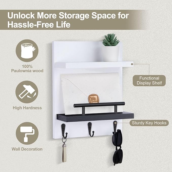 Key Holder Wall Mount, Key Holder With 2 Display Shelf, 3 Hooks for Key, Coat, Dog Leash, Key Hanger with Hook for Mail, Potted Plant, Farmhouse Mail Holder, Entry Way Organizer (White & Black)