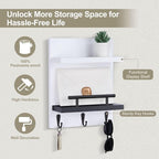 Key Holder Wall Mount, Key Holder With 2 Display Shelf, 3 Hooks for Key, Coat, Dog Leash, Key Hanger with Hook for Mail, Potted Plant, Farmhouse Mail Holder, Entry Way Organizer (White & Black)