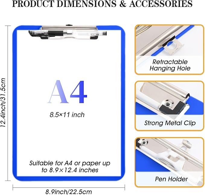 2 PCS Blue Plastic Clipboard with Pen Holder,Nursing Clipboard Standard Letter A4 Size,Thickened Clip Boards 8.5x11,Hanging Clipboards for Women Kids Students School Office Home