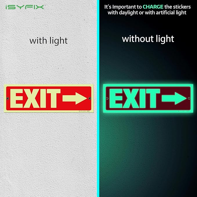 iSYFIX Exit Signs with Directional Right Arrow - 12 Pack 12x4 Inch Glow in the Dark for Business, School, Office, Warehouse - Durable 40 Mil Polystyrene, UV Laminated, Waterproof, Scratch & Fade Resistant