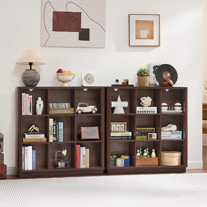 Joaxswe 9 Cube Bookshelf, 41" Tall Organizer Bookcase with Curved Edge, Wood Floor Standing 3-Tier Cubby Book Shelf with Base, Vinatge Display Storage Cabinet for Living Room, Home Office, Walnut