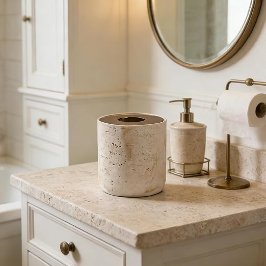 Natural Travertine Textures Mini Trash Can with Rose Gold Stainless Steel Lid, Mini Countertop Trash Can for Bathroom Kitchen, Desk or Table top Mini Garbage Can, Resin Tiny Waste Basket for Vanity