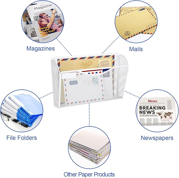 Samstar 6 Pack Mesh Wall Mounted File Holder Metal Wall File Pocket Mail Organizer for Office/Home(with Label Panel), White