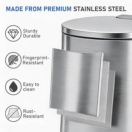 SIMPLYKLEEN Bathroom Trash Can with Lid - 2PC Oval Small Trash Can with Soft-Close Lid, Foot Pedal, Brushed Stainless Steel, Removable Liner, Garbage can for Kitchen, Office, Home Silver