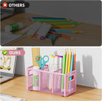 Marbrasse Mesh Pen Holder for Desk,Pencil Holder Desk Organizer 3 Adjustable Compartments,Pencil Cup with Handle Perfect for Classroom, Office, Home,Makeup,Art (Pink)
