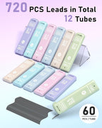 Four Candies 0.5/0.7mm 2B Lead Refills in Case, Pack of 720 PCS Black Break Resistant Mechanical Pencil Refills, 12 Tubes (6 of Each Size), 60 Pieces per Tube