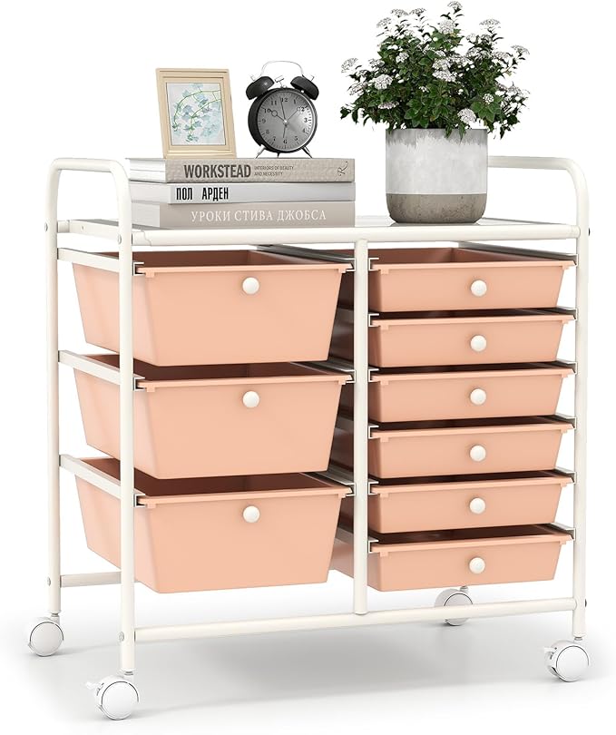 LDAILY 9 Drawer Rolling Storage Cart, Rolling Cart with Drawers for Classroom, Art Supply Craft Organizer on Wheel with Metal Frame & Handles for Home Office School