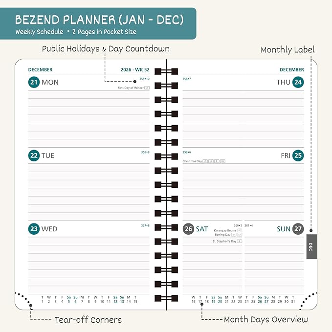 BEZEND Pocket Calendar 2026 Weekly and Monthly (3.5" x 6" Spiral) Small Daily Planner for Purse (Jan-Dec) with Notes & Expenses, Inner Pocket, Pen Holder, Vegan Leather Softcover - Black