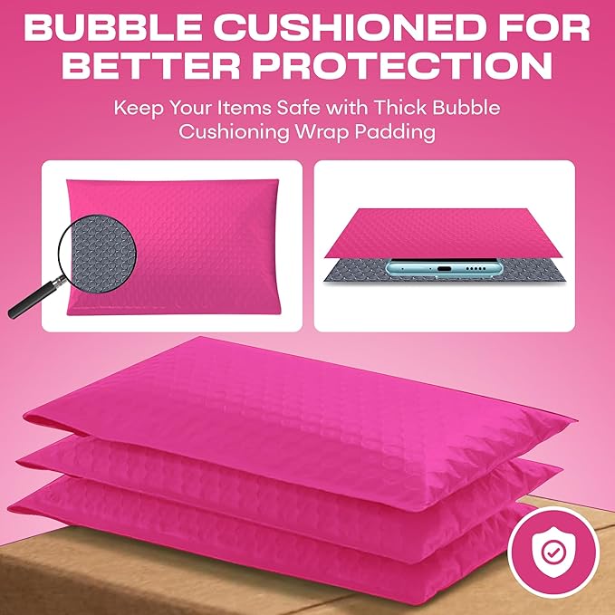 Hot Pink Extra Large Poly Bubble Mailers 14.25x20 inch #7 | Self Seal Large Padded Envelopes | Air Cushioned Bubble Mailer | Usable Size 14.25x19 Lightweight Mailing Shipping Bags| 100 Pack Bulk