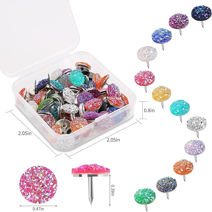 50Pcs Push Pins, Shiny Diamond Glitter Rhinestone Decorative Thumb Tacks for Photo Wall, Cork Board, Bulletin Board & Desk Accessories (Silver)