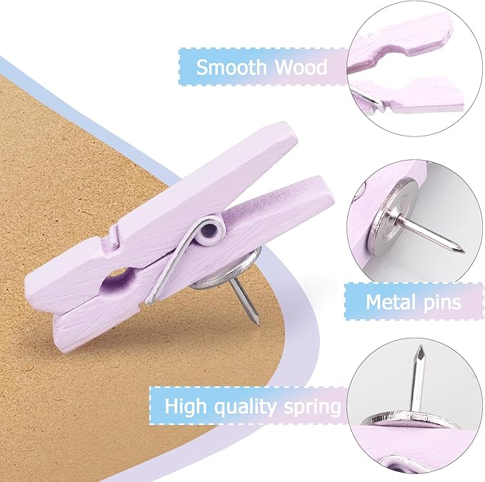 50 PCS Wooden Clips Colorful Push Pins Tacks for Cork Board Artwork, Crafts Arts Projects(Macaron)