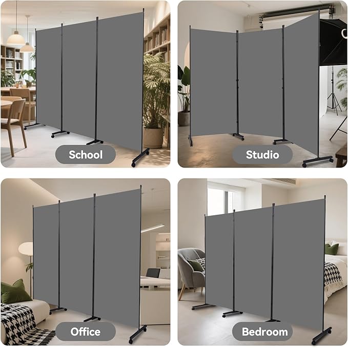 Room Divider (3 Panel) Wall Divider for Room Separation, 102 inch Wide Portable Privacy Screens W/Wheels, Metal Frame Freestanding Room Separators 5.6FT Room Partitions and Dividers