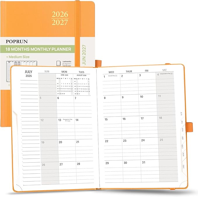 POPRUN Monthly Planner 2026-2027, Medium-6.25'' x 8.5'', 18-Month Calendar Book (Jan.26 - Jun.27), Calendar Planner with Monthly Tabs, Storage Pocket, Hardcover, 100 GSM Paper - Orange