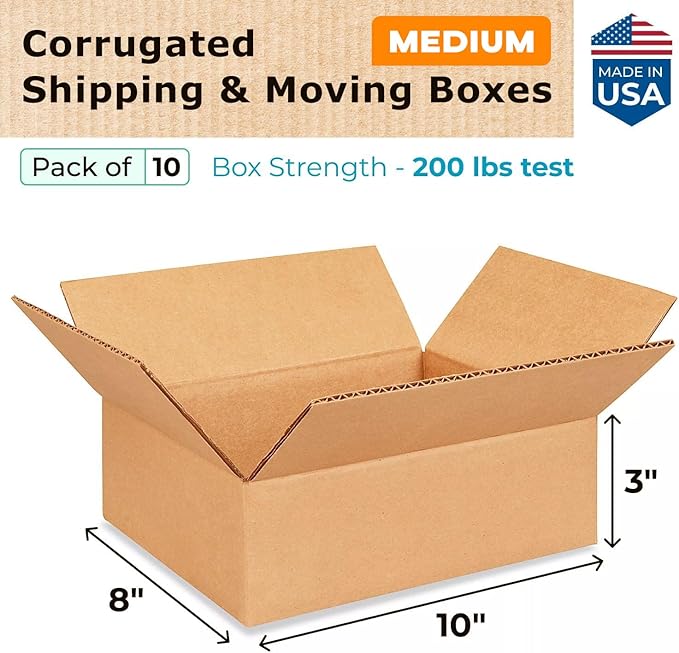 Medium Moving & Shipping Boxes 10x8x3 inches (10-Pack) - Extra Strength 200 lb vs Regular - Corrugated Packing Box, Made in USA - Corrugated Box - Heavy Duty Shipping Box by IDL Packaging
