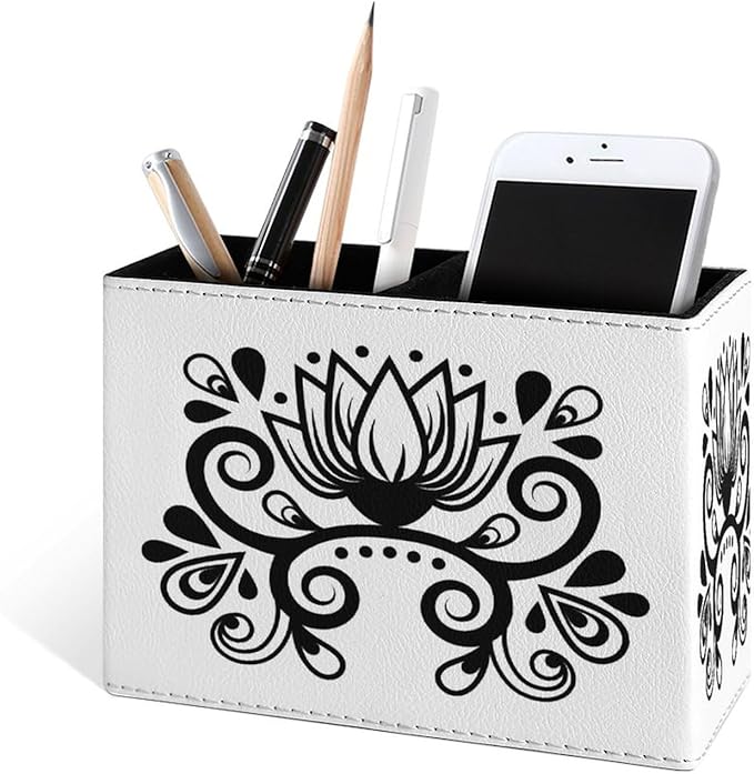 Famame Abstract Floral Ethnic Ornament Pencil Holder for Desk, Leather Desktop Container Pen Cup Storage Study Table Pen Organizer Makeup Brush Holder for Classroom Office Home