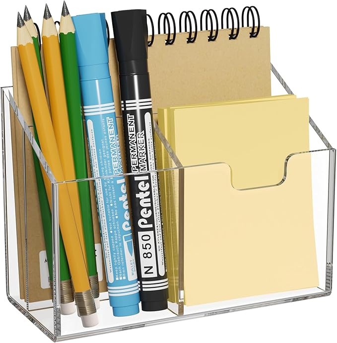 AITEE Magnetic Pen Holder for Refrigerator, Whiteboard & Locker - Acrylic 4-Magnet Organizer with Non-Slip Pads, Holds Markers, Pens, Scissors & Notes, Clear Accessory for Office, Classroom, Kitchen