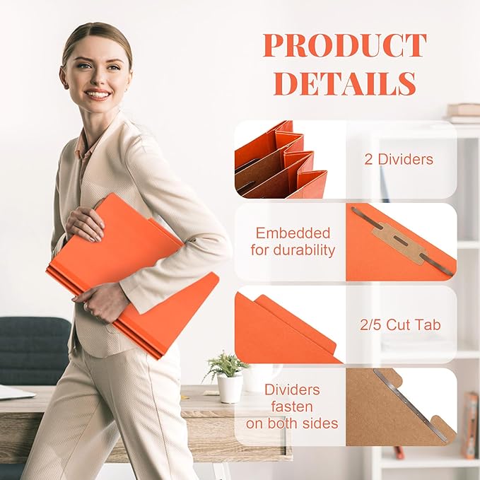 Skyygemm 36 Pcs Classification Folders Letter Size, 2 Divider Pressboard File Folders with 3. 5 Inch Expansion, 2 Prongs Fastener, Heavy Duty Office File Organizers for Teachers, Medical (Orange)
