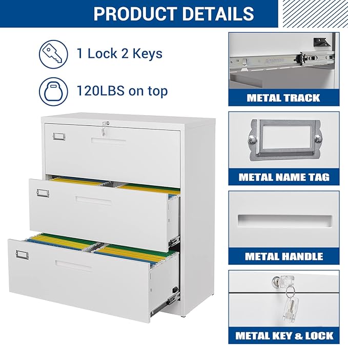 Fesbos Lateral File Cabinet with Lock, 3 Drawer Large Metal Filing Cabinet,Home Office Lockable Storage Cabinet for Hanging Files Letter/Legal/F4/A4 Size-Assembly Required