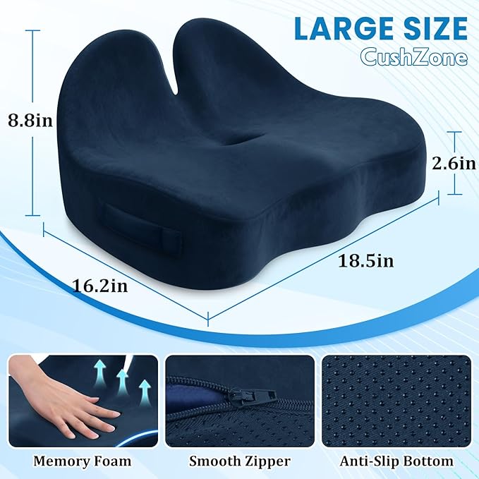 CushZone Seat Cushion, Memory Foam Office Chair Seat Cushion for Office Chairs/Car/Long Trip/Desk Chair/Gaming, Extra Large Size for Sciatica & Hip & Tailbone Pain Relief, Sciatica Support (Blue)